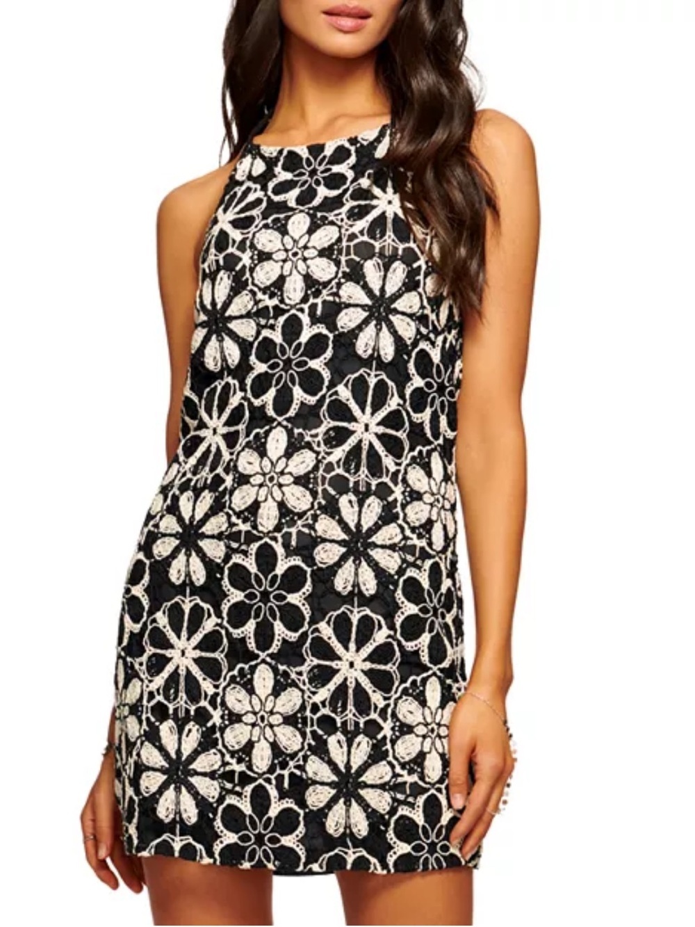 Ramy Brook Irina Floral Crochet Halter Mini Dress Black White Sz L